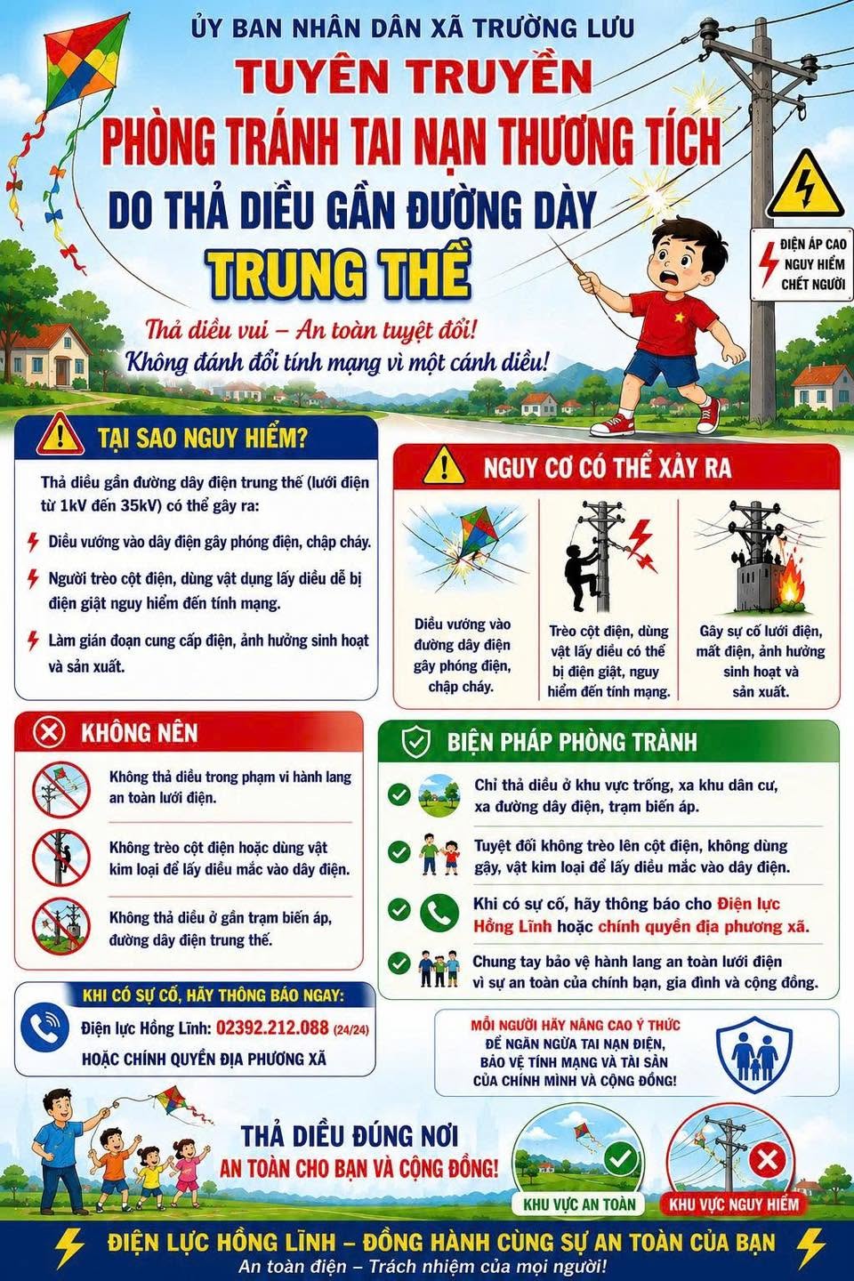 Phòng tránh tai nạn do thả diều gần đường dây điện.