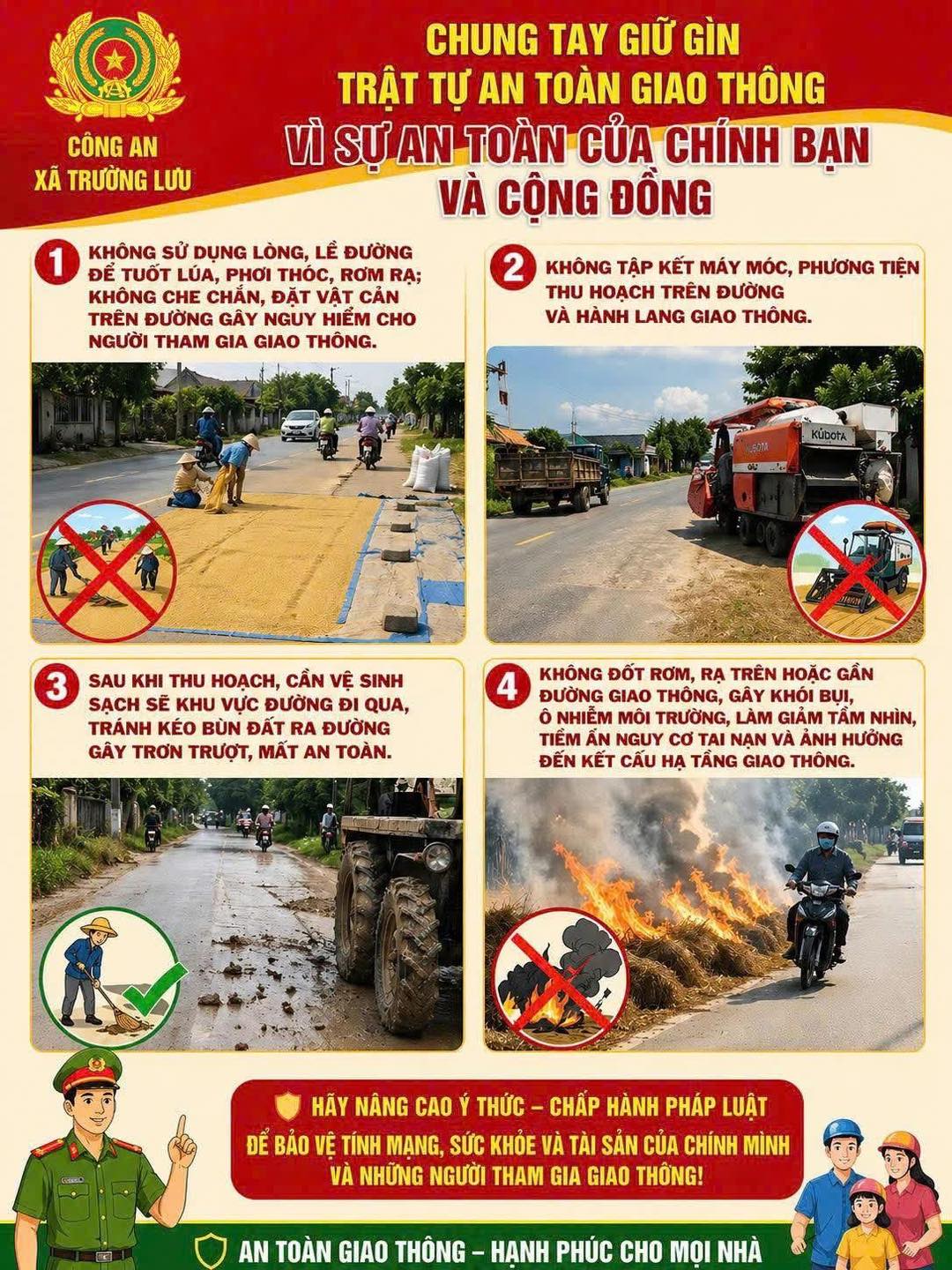 Cảnh báo nguy cơ từ việc phơi lúa, rơm rạ trên lòng, lề đường